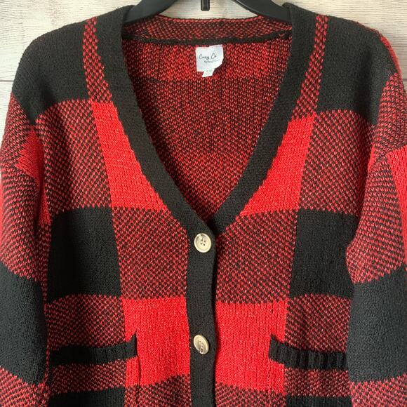 Cozy Co. by Cozy Casual Red and Black Plaid Sweater Cardigan Pockets Size S/M - Picture 2 of 13